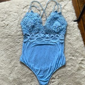 Blue crochet lace bodysuit. Size medium
